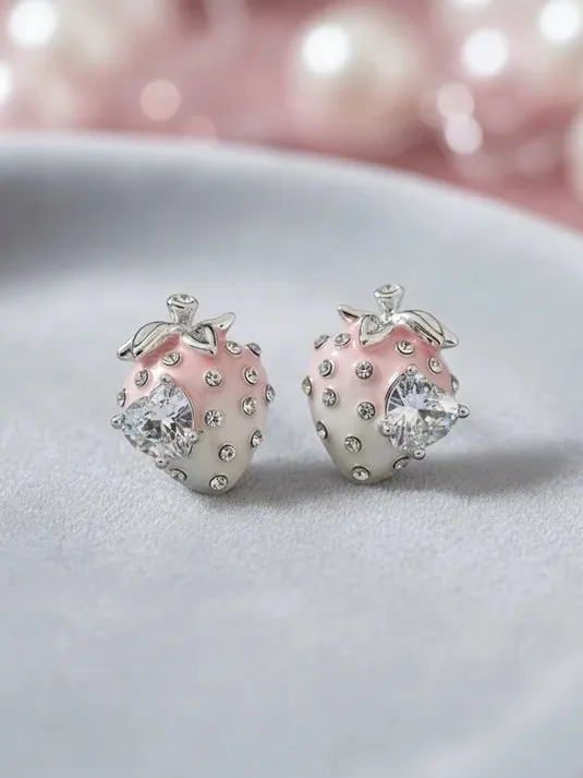Silver Tone Pink Strawberry Crystal Stud Earrings - Image 2