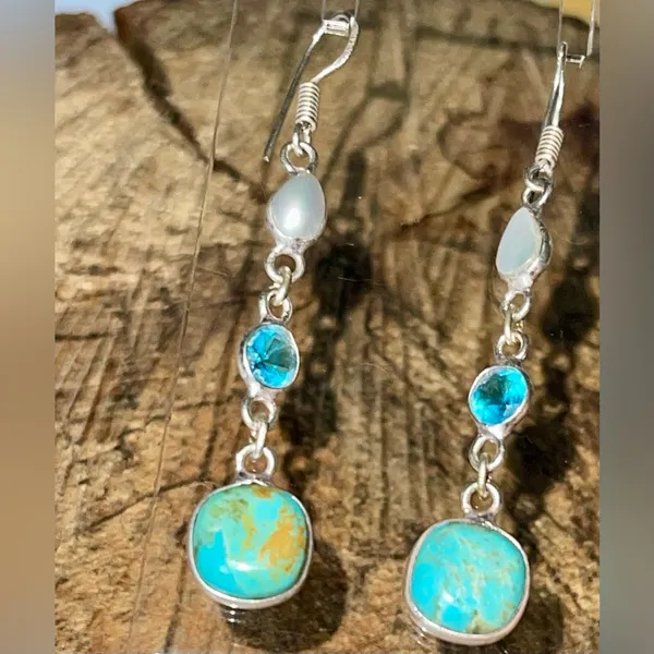 Faceted Tibet Turquoise Earrings 2 1/2” Gold - Image 2