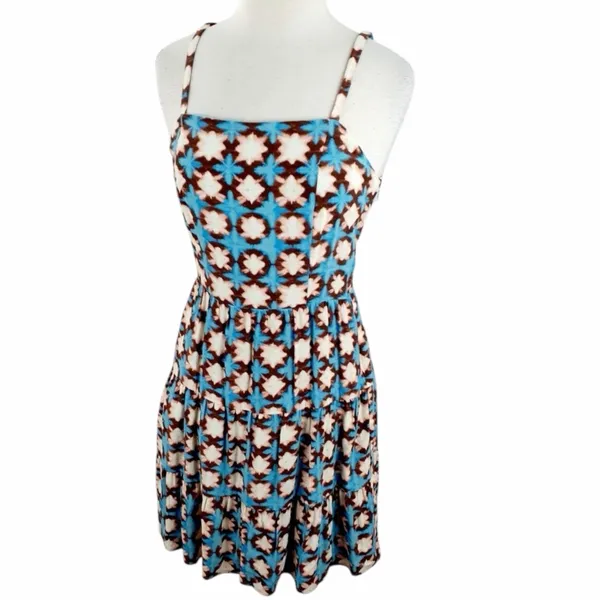 LOFT Geo Print Mini Dress Boho Indie Coastal Summer Size 6 Blue Spaghetti Strap - Image 5