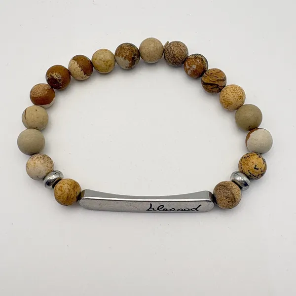 Blessed Bar Beaded Bracelet Women OS‎ Brown Jasper Stone Faith Jewelry Religious - Image 3