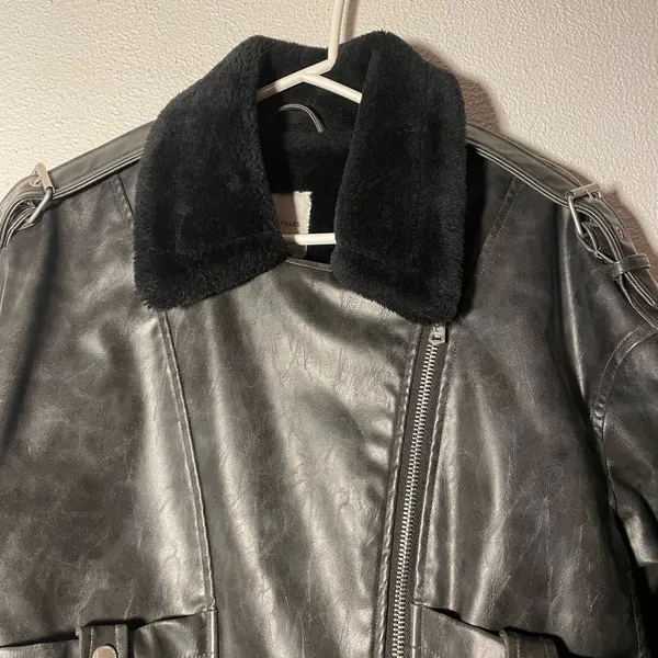 Avec Les Filles Black Faux Leather Jacket with Black Faux Fur Collar - Image 3