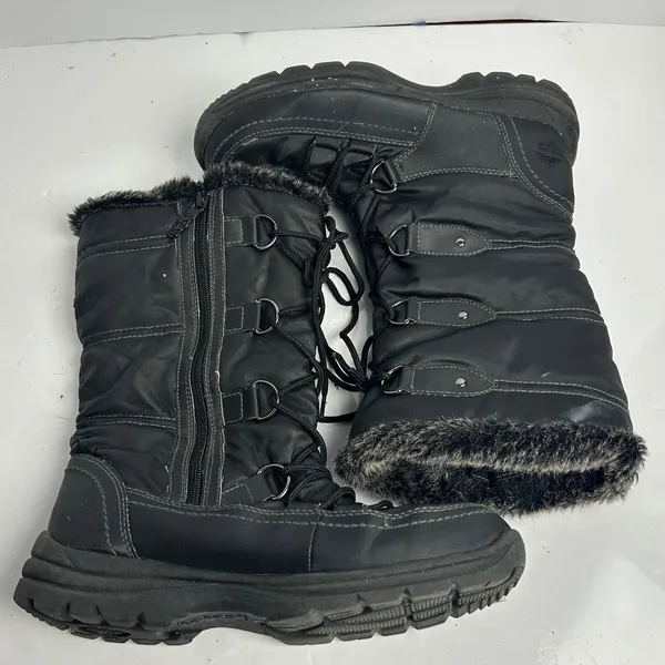 Totes Emily Black Faux Fur Trim Winter Snow Boots Size 8M Side Zip LaceUp Flaw - Image 8