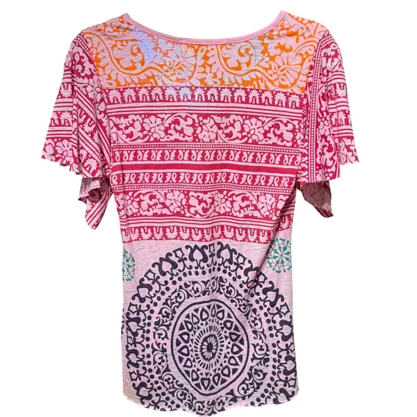 Free People Pink Orange Mandala Flutter Sleeve Boho Scoop Neck Top Medium - Image 2