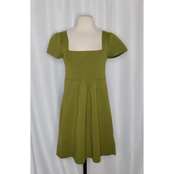 ZARA Squared Mini Babydoll Dress Puff Sleeves Solid Olive Green Knit Small - Image 2