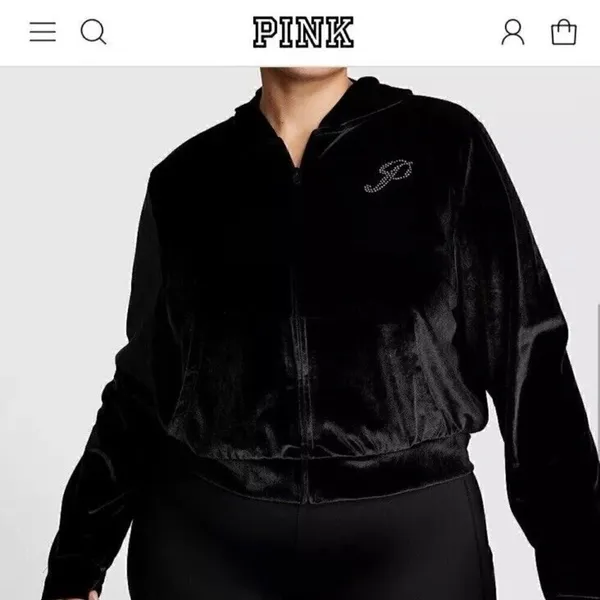 Victoria's Secret Velour Hoodie Sweatshirt Size XL Black Full Zip Rhinestone - Image 2
