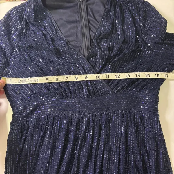 Navy Blue Sequin Wrap V-Neck Long Sleeve Lace Trim Cocktail Dress Evening Party - Image 14