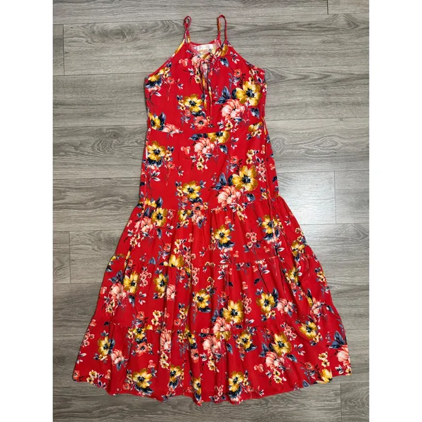 Band of Gypsies Red Floral Tiered Maxi Dress Small Halter Keyhole Boho Sundress - Image 10
