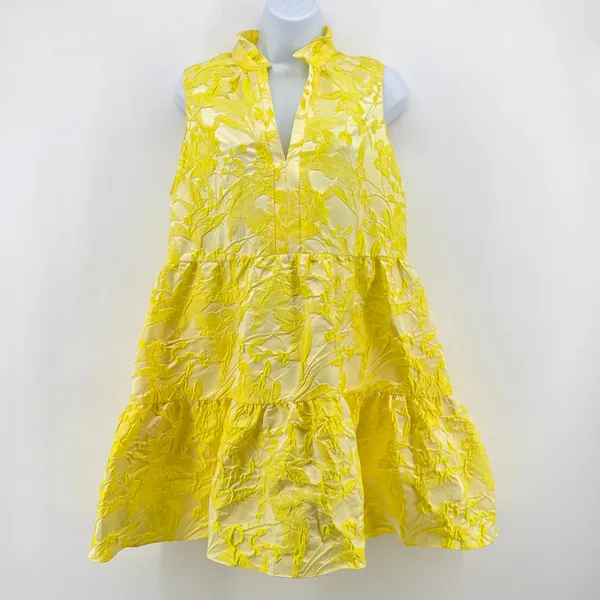 Amanda Uprichard Saffron Yellow Floral Jacquard Tiered Mini Dress Size L Pockets - Image 2