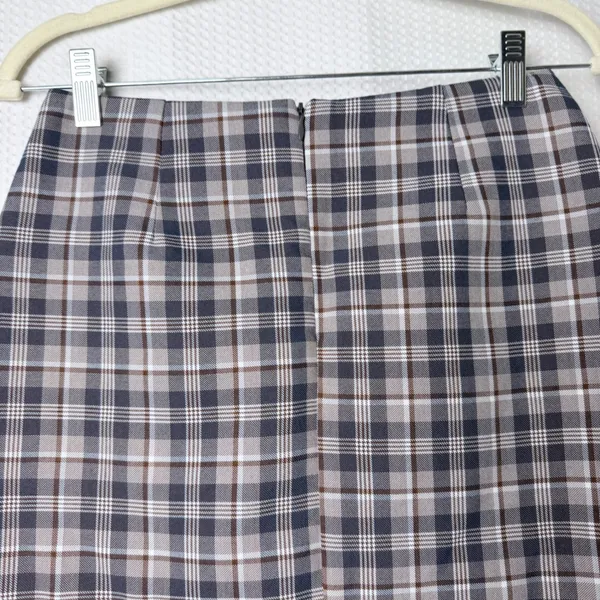 Mooyen Plaid Mini Skirt M Gray Brown School Girl Y2K Academia Ruffle Hem Butt - Image 4