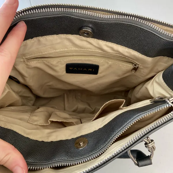 Tahari blue‎ gray silver hardware metallic deep pocket shoulder tote purse bag - Image 8