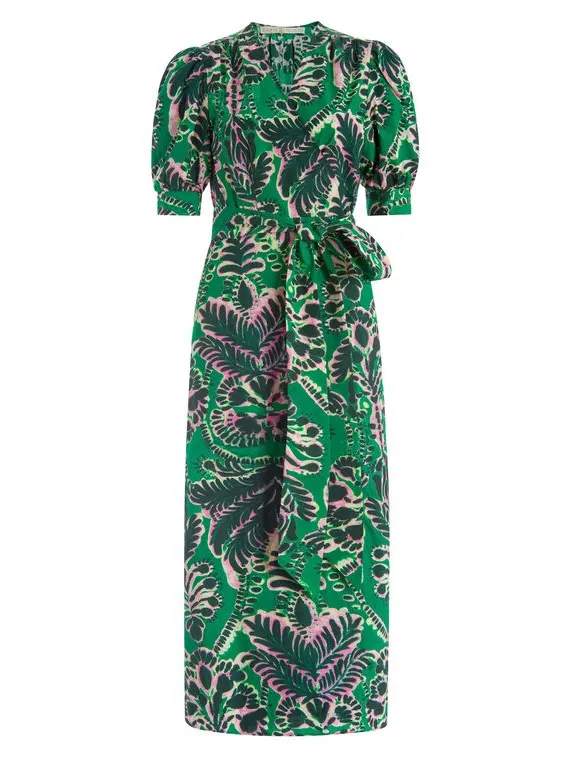 Marie Oliver Rita midi dress wrap kelly green print puff sleeve tie front cotton - Image 12