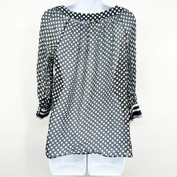 Milly Womens Retro Black White Polka Dot Silk Tie Neck Parisian‎ Chic Blouse 6 - Image 9