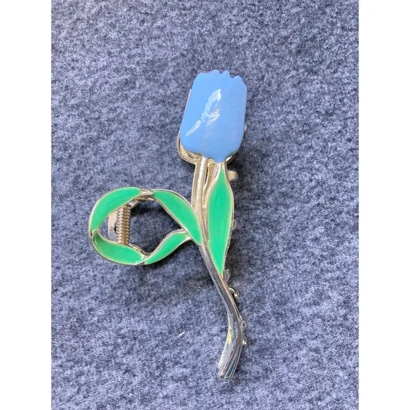 Gold Tone Blue Tulip Flower Claw Clip‎ Hair Accessory Women - Image 2
