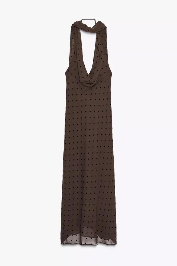 Zara Elegant Brown Polka Dot Halter scarf Dress evening party holiday - Image 14