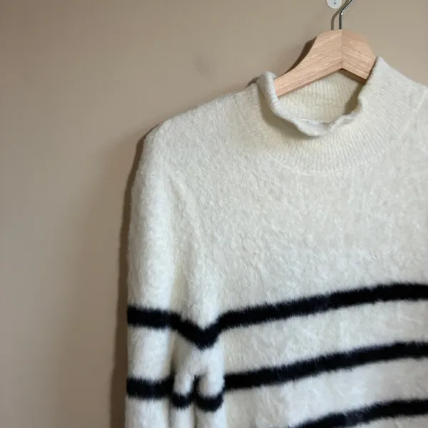 Anthropologie Bailey/44 Striped Mock Sweater XS White Black Womens Fuzzy Knit - Image 2
