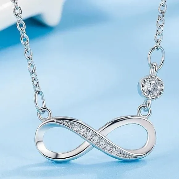 Sterling Silver Plated Infinity Pendant Necklace Cubic Zirconia Cable 18" Chain - Image 3