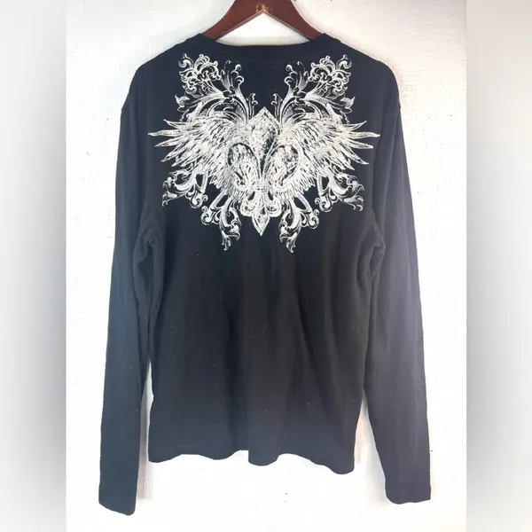 Guess L Black Long Sleeve Affliction Style Tee Top with Ornate Design - Image 3