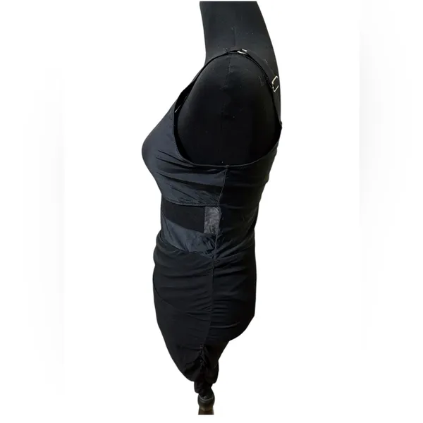 Black Asymmetrical Mesh Ruched Bodycon Dress - Image 6