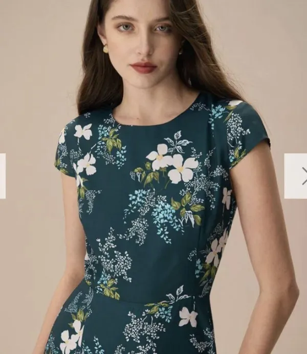 RIHOAS The Green Round Neck Cutout Floral Midi Dress - Image 4