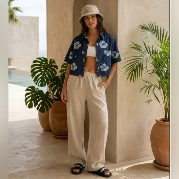 palmwave hawaii denim island tropical shirt hibiscus print vacation Coastal - Image 2