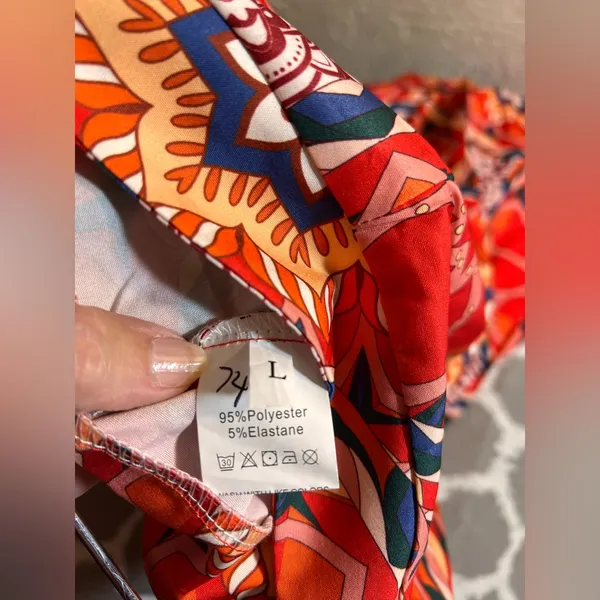 Orange Red Blue Floral Patterned Pants Trousers floral wide leg boho flowy zip L - Image 7