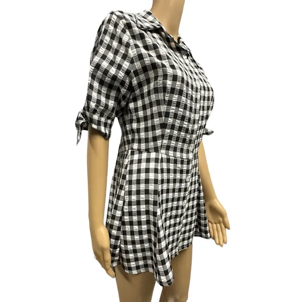 Kate Lily Gingham Short Tie Sleeve Button Up Tunic Blouse Black White Womens 8 - Image 6