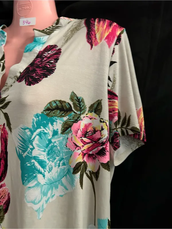 Floral V-Neck Short Sleeve Women's Top in Cream Pink & Teal LG - Image 2