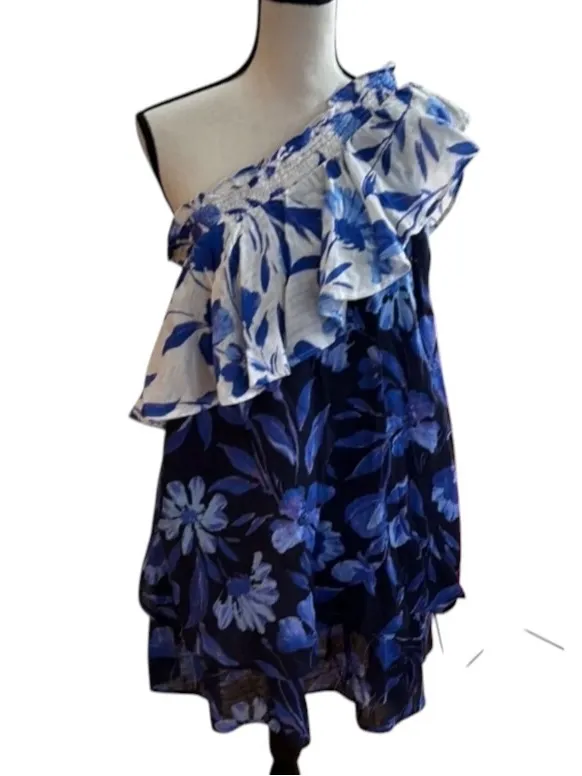 Anthropologie Boho Floral One-Shoulder Ruffle tier Mini Dress Resortwear fairy - Image 8