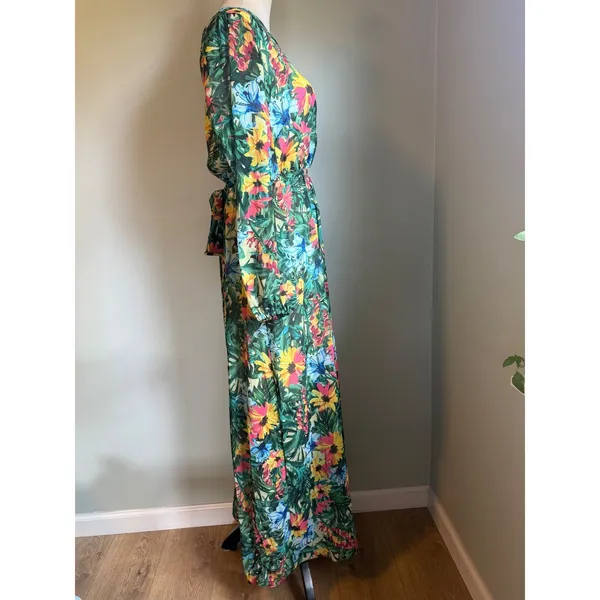 INC boho whimsi resort tropical Floral Maxi Dress Green pink flowy beach party y - Image 5