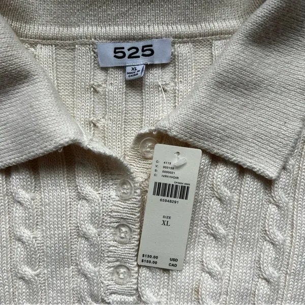 525 America Ivory Cable Knit Polo Sweater Size X-Large NWT - Image 3