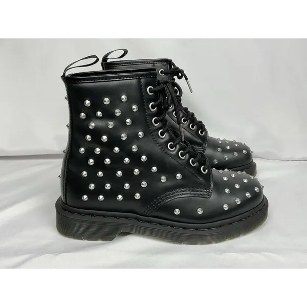 Dr. Martens 1460 Stud Combat Boots Black Wanama Leather 8-Eye Lace Up Ladies 7 - Image 3