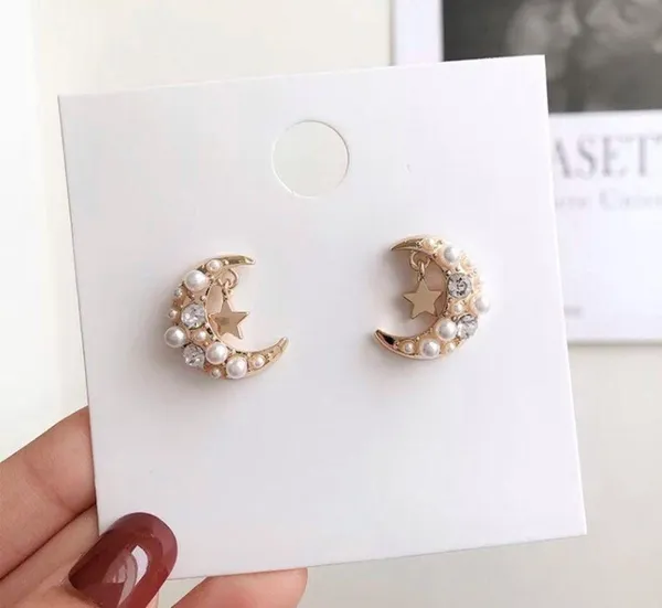 Crescent Gold Beaded Celestial  Moon Earrings New - Image 2