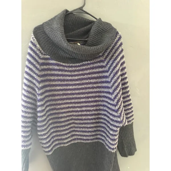 Free‎ People Womens Grey Purple Striped Lambswool Cowl Neck Batwing Sweater M - Image 2