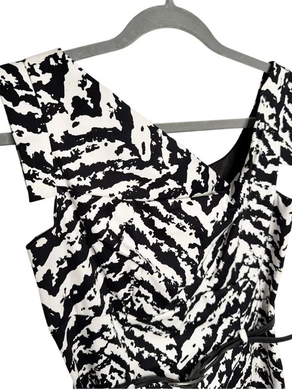 Adrienna Papell Black White Zebra Print Belted Asymmetrical Dress Size 4 - Image 4