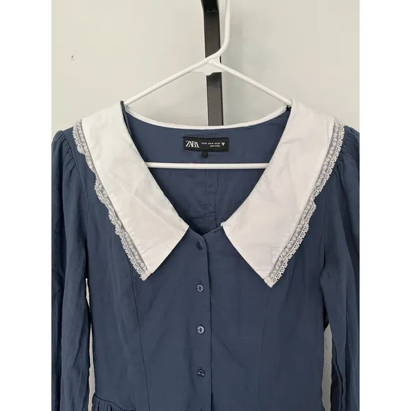 Zara Bib Oversized Collar Blue Mini Dress Cottage Core Preppy Size Medium - Image 5