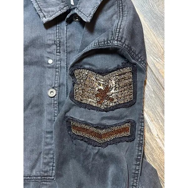 Free People Distressed Embellished Millitary Shirt Jacket Gunmetal Size Medium‎ - Image 6