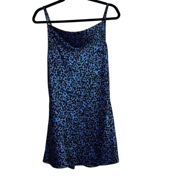 Flynn Skye Lynn Small Satin Slip Dress Blue Leopard Print‎ Cowl Neck Mini Dress - Image 5