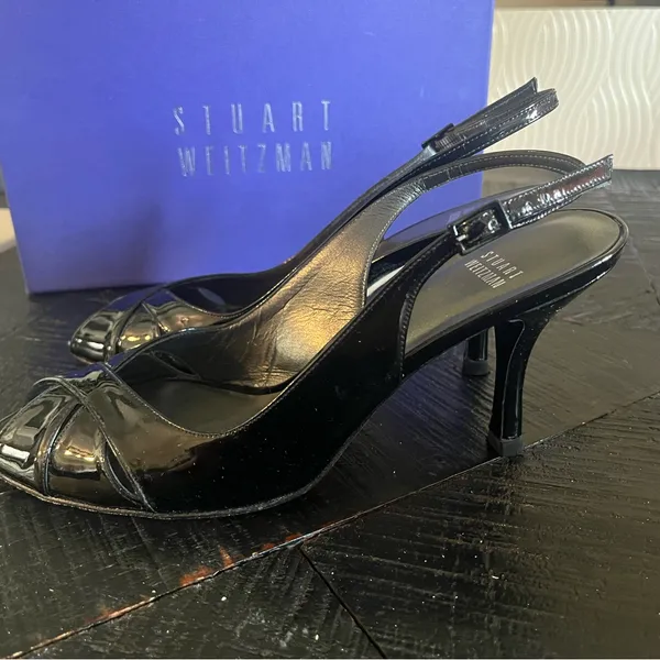 Stuart Weitzman Women's Black Patent Slingback Peekaboo Heels Size 9M EUC - Image 2