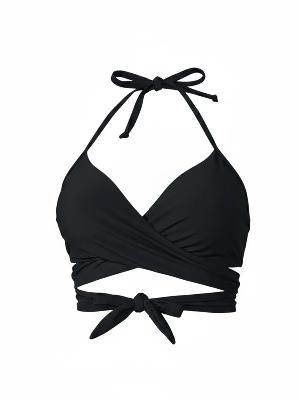 Aries Black Wrap Halter Bikini Set XS Two-Piece Swimsuit Textured White Bottom - Image 2