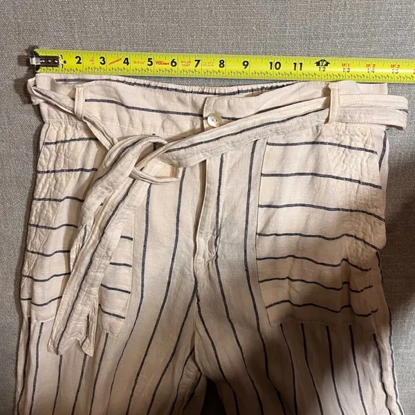 HALSTON Women's Wide Leg 100% Linen Pants Cream Navy Stripe Tie‎ Waist Size 10 - Image 5