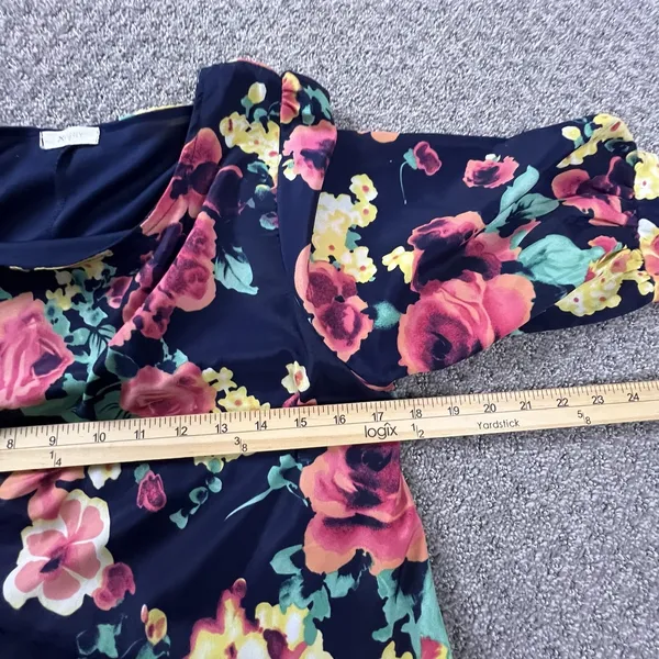 Everly Floral Shift‎ Dress Womens Medium Navy Blue Pink Elbow Sleeve Mini D5488 - Image 9