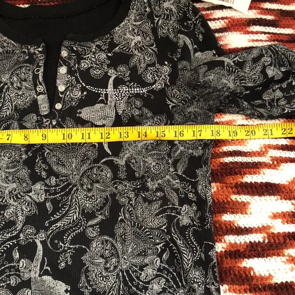 Y2K Longhorn Gothic Grunge Black grey long sleeve henley top shirt blouse #subversive #gorpcore #whimsygoth #biker #skull angels wings cross 1/4 snap button - Image 4