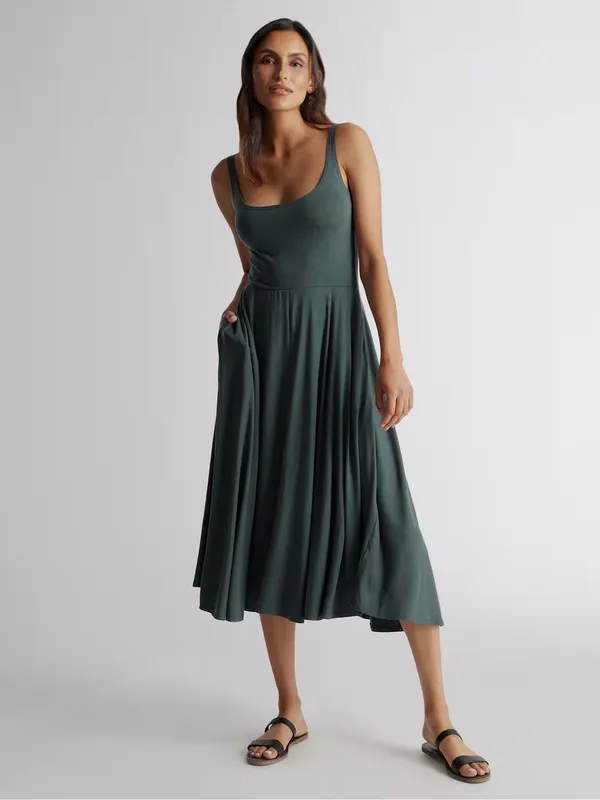 Quince Tencel Jersey Fit & Flare Dress Dark Olive Green - Image 12