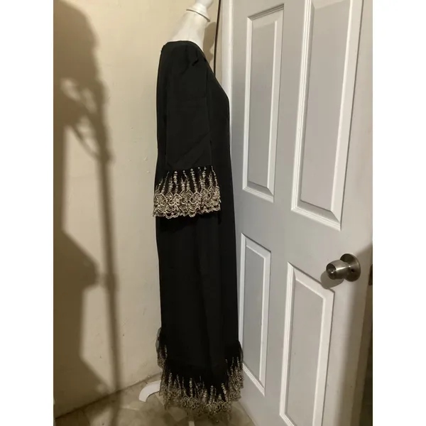 Pomander Place Womens Black Gold Lace Trim Maxi Dress B1448 Large NWT - Image 2
