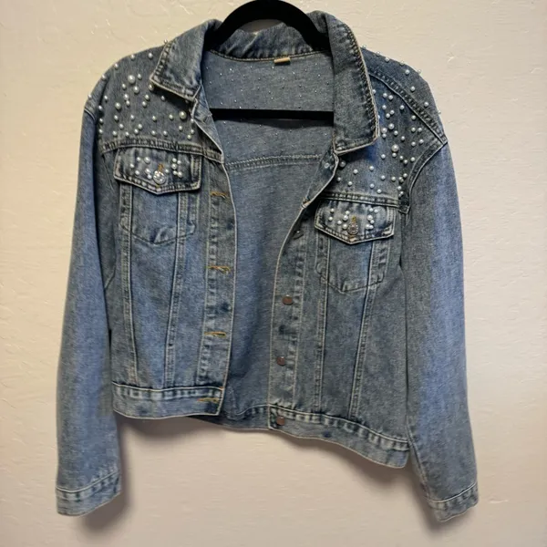 Pearl Studded Denim Jacket Blue Size L - Image 2
