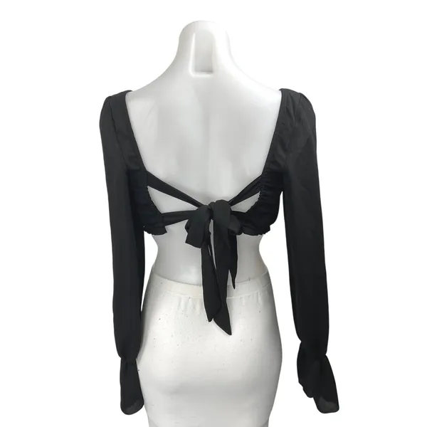 Tiger Mist Black Long Sleeve Ruffle Ruched Tie Back Blouse Crop Top Size M - Image 2