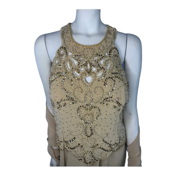 1990s Miss New York Gold Beaded Formal Gown Set Cutout Maxi L-XL - Image 5