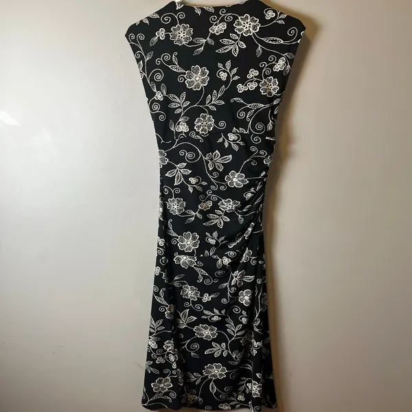 Vintage Y2K Black Floral Midi Dress Ruched Waist Sleeveless Romantic Soft Goth S - Image 5