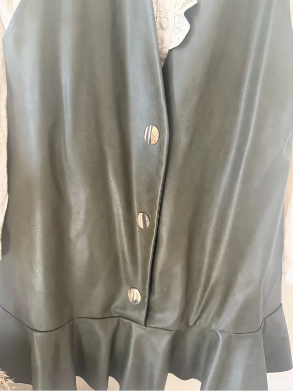 Zara Dark Green Faux Leather Peplum Button Vest - Image 3