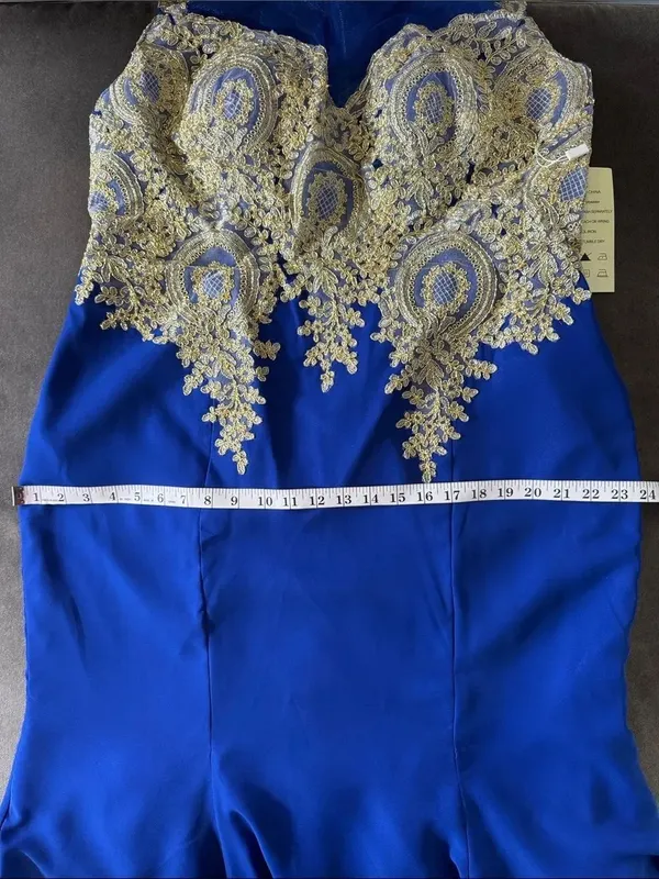 Royal Blue Evening Gown Gold Lace Appliqué with Train Side Zip Size 18 NWT - Image 10